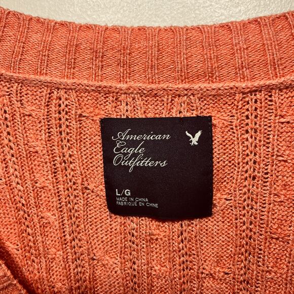 American Eagle Sweater Y2K Academia Peach Deep V Neck Long Sleeve Ribbed Knit L - Picture 5 of 6